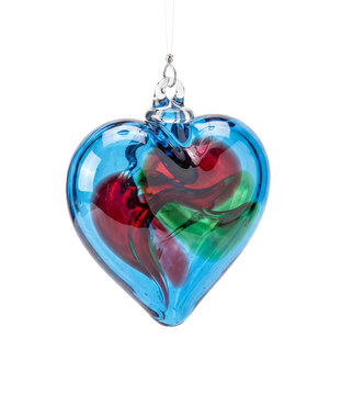 Hand Blown Glass Heart Ornament with Swirling Red and Green Colors Inside Clear Blue Outer Shell