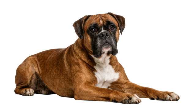 Brown boxer dog with white chest marking lying down, isolated on transparent background