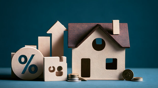 Surrounded by indicators of rising interest rates and property values, a miniature house conceptualizes real estate finance, highlights mortgage rates, and reflects the status of the housing market an