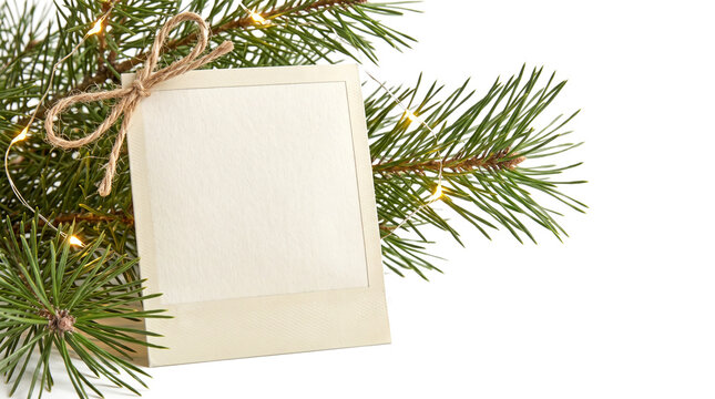 Christmas pine branch with fairy lights and blank polaroid photo frame tied with twine