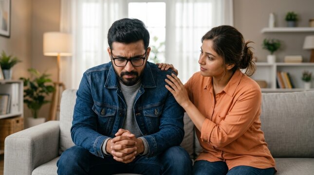 An Indian woman calms an offended man with support and caring while sitting on a sofa.