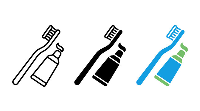 Toothbrush and toothpaste tube vector icons set in different styles