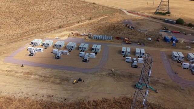 Aerial view of modern utility scale battery energy storage system BESS for electrical grid resilience in the UK