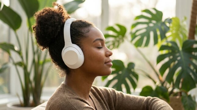 Serene woman with closed eyes listening to a self-care podcast for mental wellbeing.