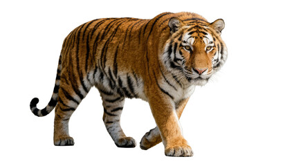 Obraz premium Majestic Bengal tiger with orange and black stripes walking forward, isolated on transparent background