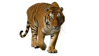 Obraz premium Majestic tiger with orange and black stripes walking forward, isolated on transparent background