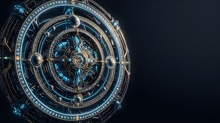 Obraz premium Intricate circular mechanical device with glowing blue lights and metallic detail