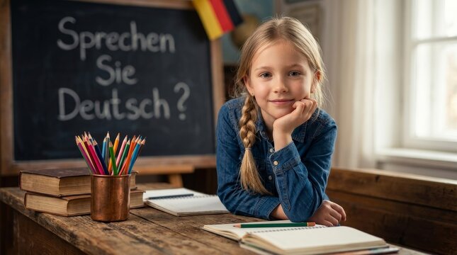 Young girl in a vintage classroom with a chalkboard asking Sprechen Sie Deutsch?