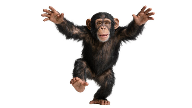 Playful chimpanzee with arms outstretched, isolated on transparent background