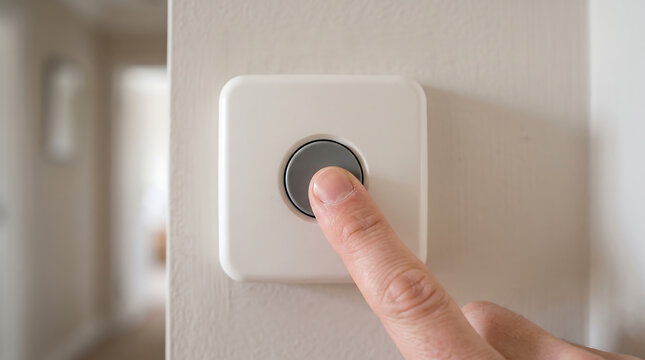Close up of finger pressing round button on white smart home wall device for security alarm system test in modern house