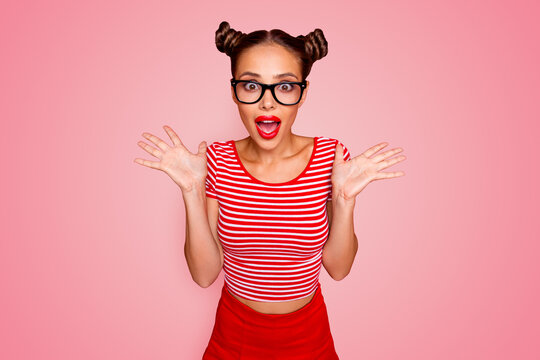 SALE! Portrait of shocked face surprised girl with wide open mouth and eyes in eyewear gesturing with palms near face isolated on red background