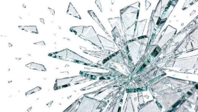 Sharp transparent glass shards exploding outwards, isolated on transparent background