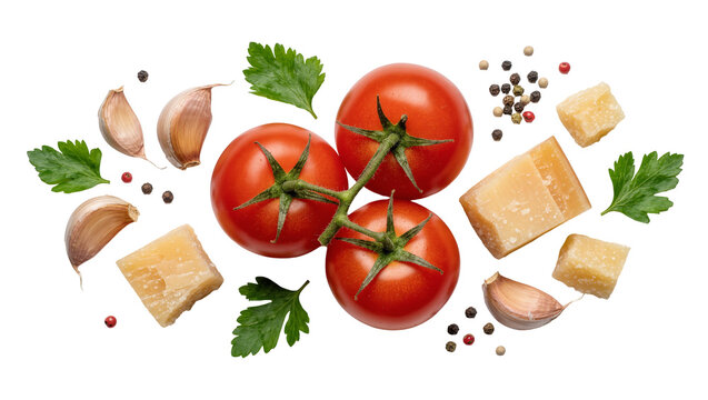 Fresh vine tomatoes garlic cloves parmesan cheese chunks and parsley leaves, isolated on transparent background