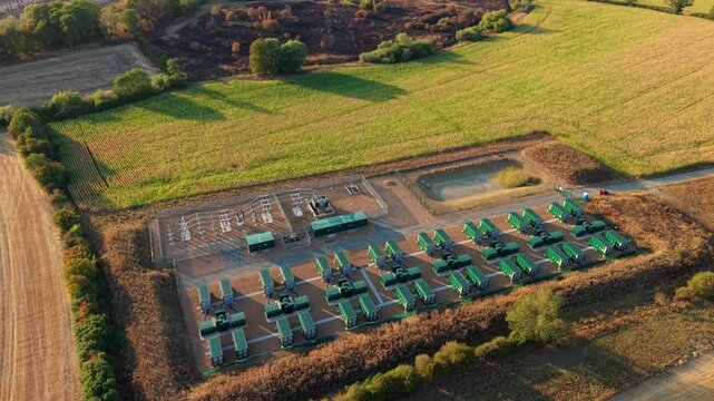 Top down aerial view of utility battery energy storage systems for grid stability near Northampton, UK