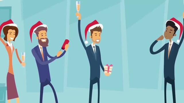 Happy office colleagues celebrating christmas party with champagne glasses and santa hats in animated video footage