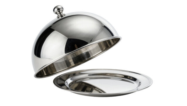 Polished silver cloche lid lifted from a matching oval serving platter, isolated on transparent background
