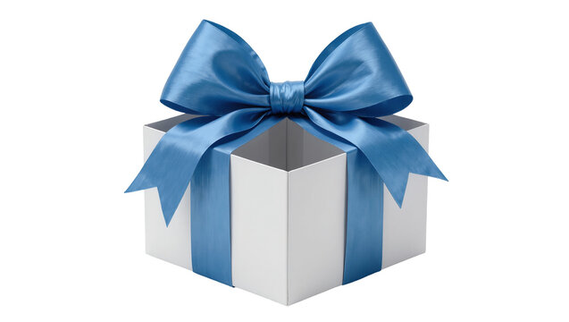 Open white gift box with blue satin ribbon bow, isolated on transparent background