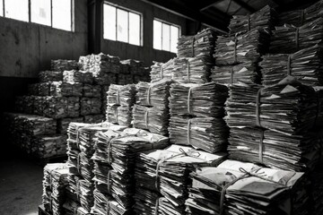 Obraz premium Large stacks of used paper tied with ropes in warehouse. Bundles of scrap paper wait for recycling process. Sunlight shines through windows onto messy piles of old documents, newspapers, office waste