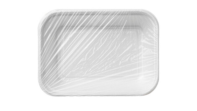Empty white plastic food tray covered with clear plastic wrap, isolated on transparent background
