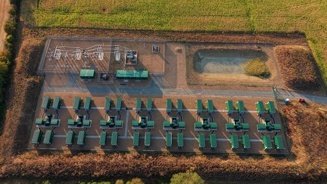 Top down aerial view of utility battery energy storage systems for grid stability near Northampton, UK