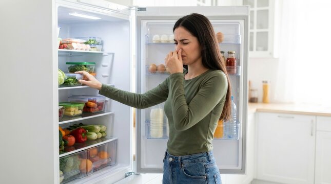 Woman holding her nose due to a bad smell from the refrigerator in a kitchen.