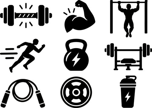 Gym fitness icon collection with black silhouettes of bodybuilding equipment and athletic training.