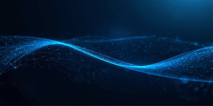 Abstract blue digital wave with glowing particles, flowing data streams, wireframe mesh and connected nodes on a dark futuristic technology background