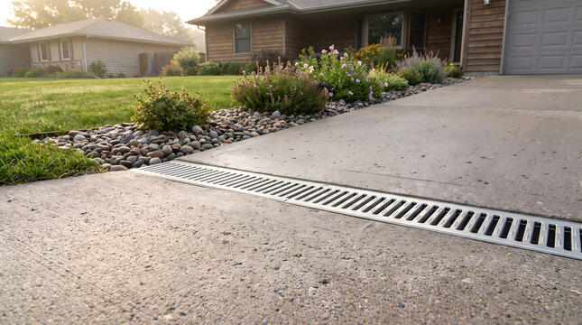 Modern concrete driveway featuring professional yard drainage solutions with a linear trench drain and gravel bed