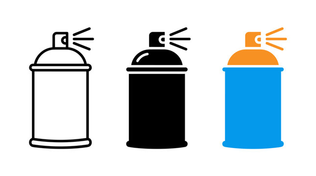 Spray paint can vector icon set with outline, silhouette and color designs