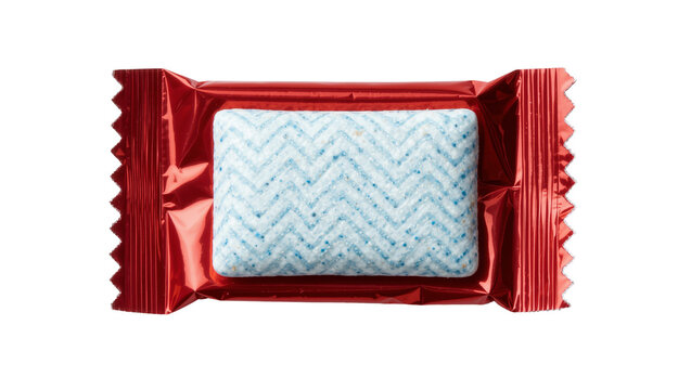 Blue chevron patterned chewing gum piece in shiny red foil wrapper, isolated on transparent background