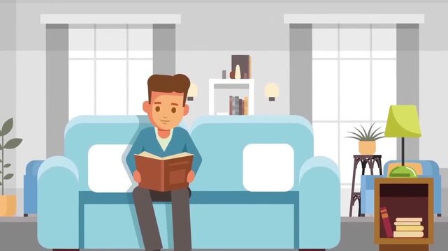 Animated man sitting comfortably on blue sofa and reading book in modern living room video clip