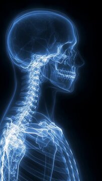 Blue X-ray medical scan showing human skull and cervical spine