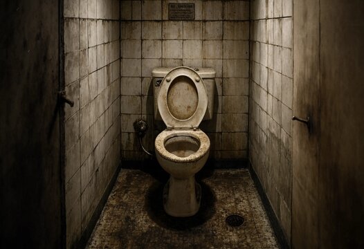 A Grimy and Neglected Public Restroom Stall with a Filthy Toilet in a Run-Down Urban Facility