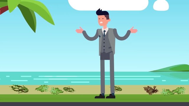 Animated businessman in a gray suit standing confused on a sunny beach vector motion footage clip