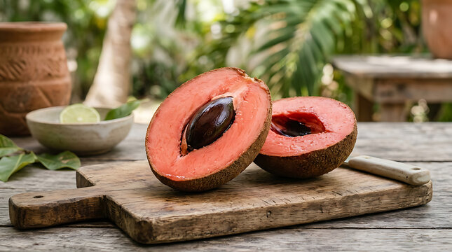 Fresh sliced exotic mamey sapote fruit with dark seed on wooden cutting board