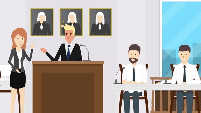 Courtroom trial scene with a judge and lawyers debating during a legal case animated video footage clip