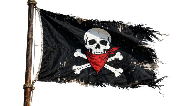 Tattered black pirate flag with skull and crossbones, isolated on transparent background