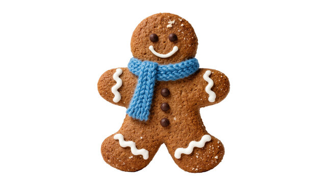 Gingerbread man cookie with blue scarf and white icing, isolated on transparent background