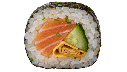 Fresh salmon and cucumber sushi roll with tamagoyaki, isolated on transparent background © Panciuc