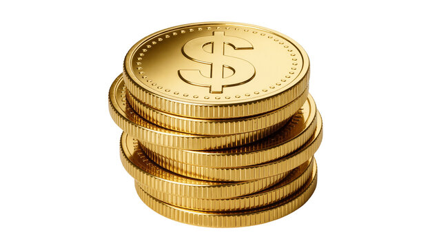Stack of shiny golden dollar coins with textured edges, isolated on transparent background
