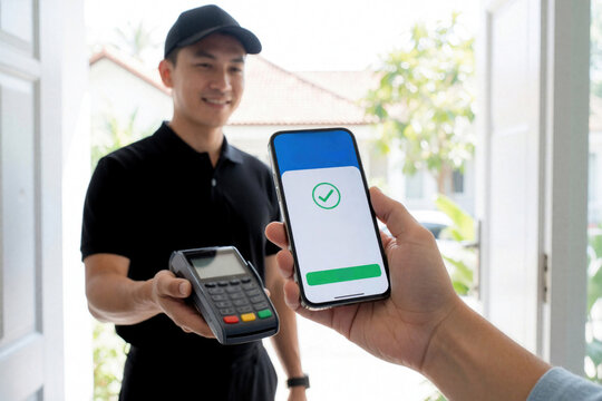 Customer pays for package using smartphone with mobile app. Delivery man holds portable card reader at doorstep. Successful contactless digital transaction for online shopping service. Person