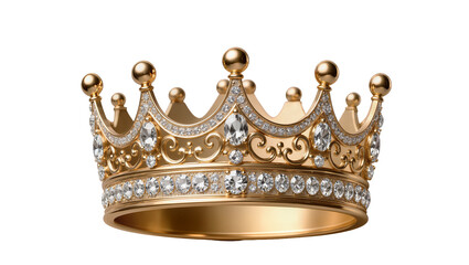 Ornate golden crown adorned with sparkling diamonds, isolated on transparent background © Panciuc