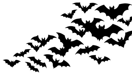 Fototapeta premium Flock of black bats flying in a swarm, isolated on transparent background