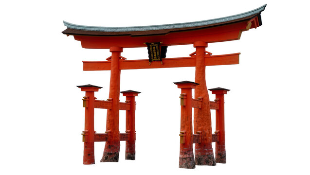 Vibrant red Japanese torii gate with dark roof and inscribed plaque, isolated on transparent background