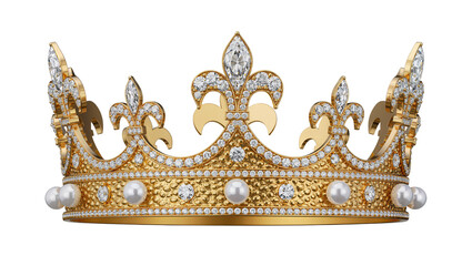 Ornate golden crown with diamonds and pearls, isolated on transparent background © Panciuc