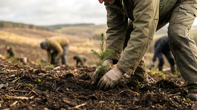 Volunteers planting pine saplings in cleared forest land