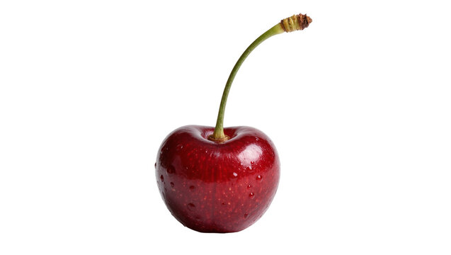 Single ripe red cherry with green stem and water droplets, isolated on transparent background