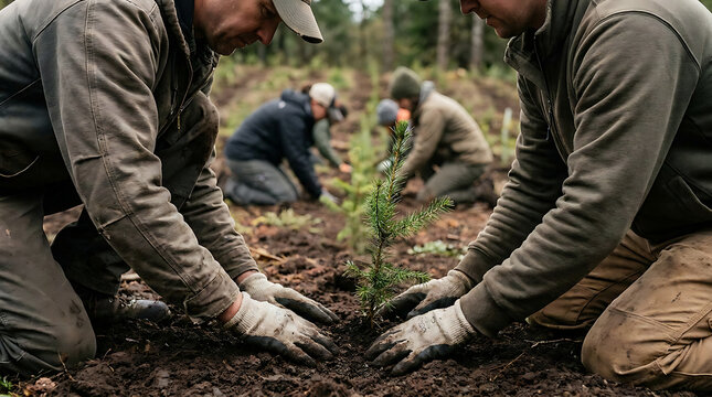 Two volunteers planting young pine tree together
