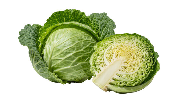 Whole green cabbage and half cut cabbage, isolated on transparent background