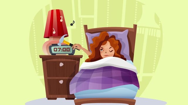 Annoyed woman trying to smash loud morning alarm clock with hammer in bed video footage